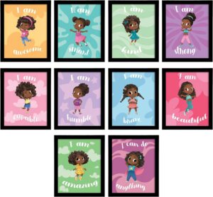 L&O Goods Black Girl Room Decor | Positive Affirmation Motivational Wall Art Framed Posters Kids | Inspirational Decorations For Bedroom, Playroom, Classrooms | Set of Ten 8x10 Prints (Framed)